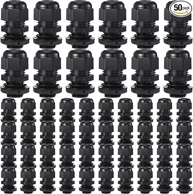 50 Pcs 3/8" NPT Black Nylon Cable Gland, Waterproof IP68 Adjustable Locknut Cable Diameter Waterproof Connectors Black Cord Grip