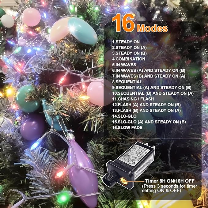 LAMPHOME Pastel Easter Lights String, Multicolor Christmas Mini Light, 32.5FT 100 LED with 16 Light Modes Green Wire, Fairy Lights Plug in for Outdoor Xmas Trees Garland Wreath Holiday Decorations
