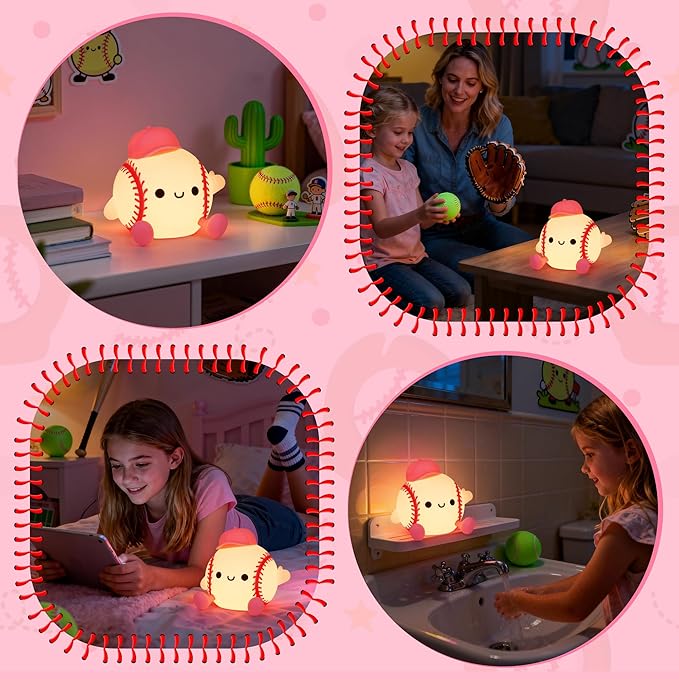 Softball Night Light, Cute Softball Gifts for Girls, Dimmable Rechargeable Silicone Touch Bedside Lamp for Girls Daughter Room Dorm Softball Fan Sporty Decor