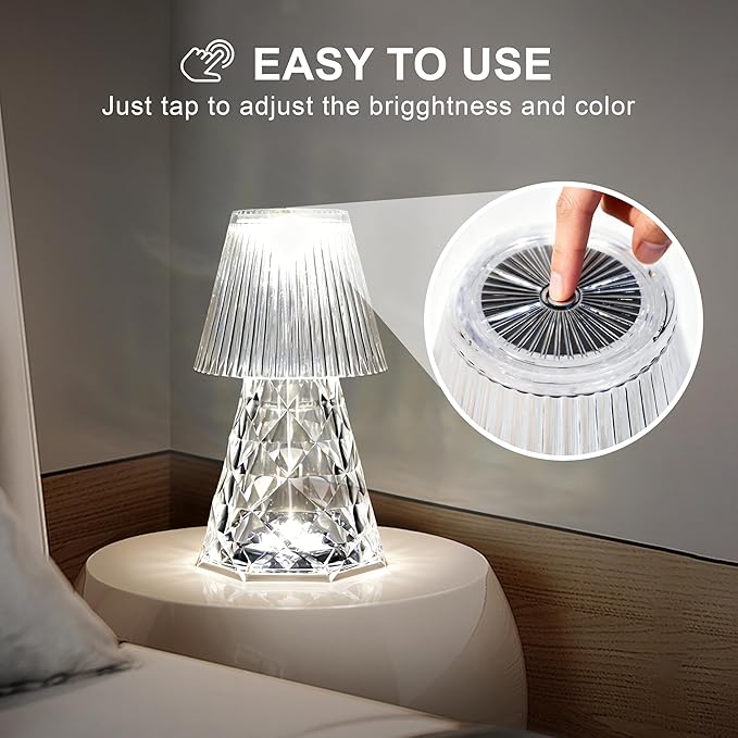 Waterproof Shower Lamp, Rechargeable Bathroom Lamp with RGB, Cordless Crystal Table Lamp, Dimmable Crystal Bedside Night Light for Bathroom Bedroom