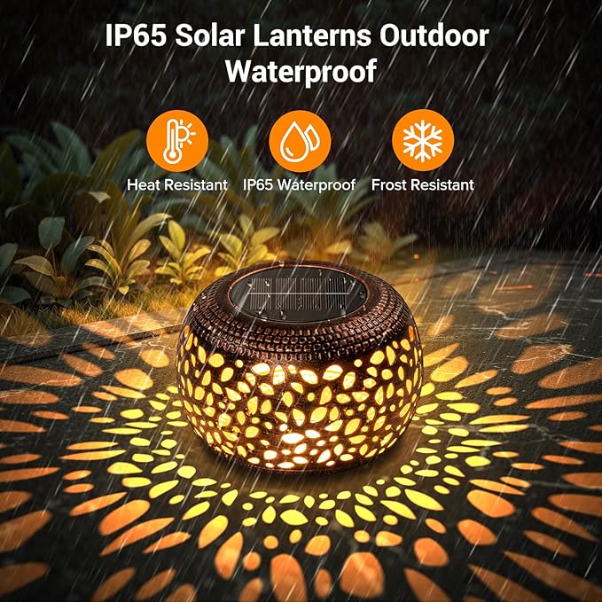Solar Lanterns Outdoor Waterproof: 2 Pack Hollow Out Retro Metal Lantern Lights - Solar Lantern Decorative - Gardening Gifts for Women Mother's Day, Outside Garden Yard Patio & Indoor Tabletop Decor