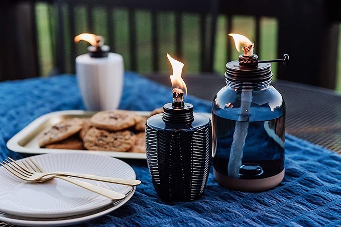 TIKI Brand Glass Table Torch, Decorative Outdoor Torch for Patio, Lawn, and Backyard, Herringbone Blue 3-Pack 5.75 Inch, 1118114