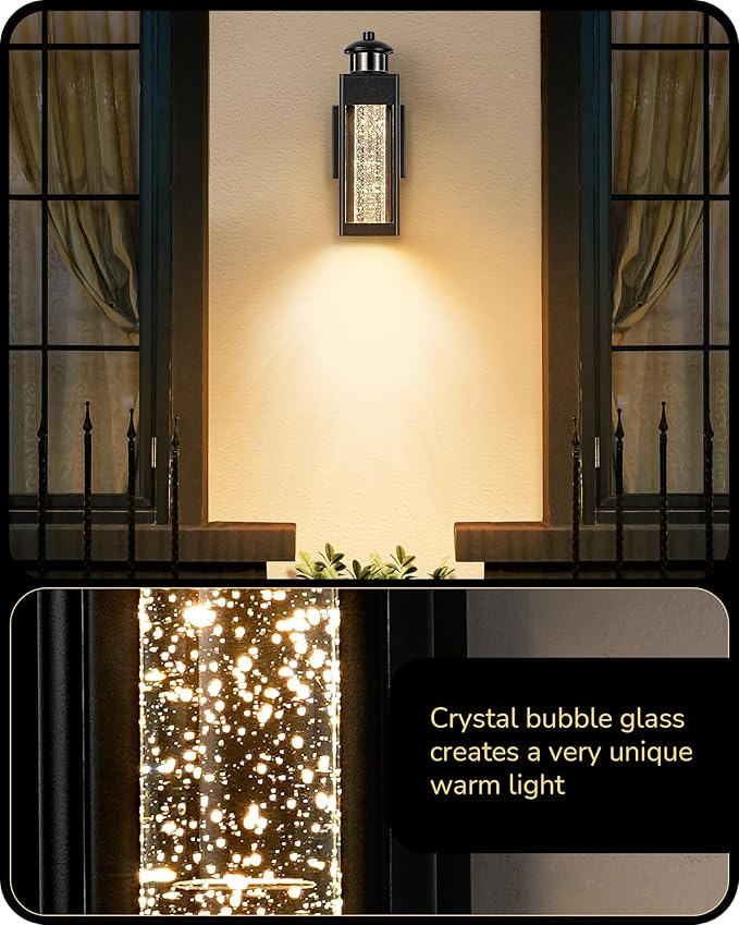 EDISHINE 2 Pack Modern Exterior Lighting Fixtures, LED Outdoor Light Fixtures Wall Mount, with Motion & Photocell Sensor, Crystal Bubble Glass, 3000K, Front Porch Light for House, Garage