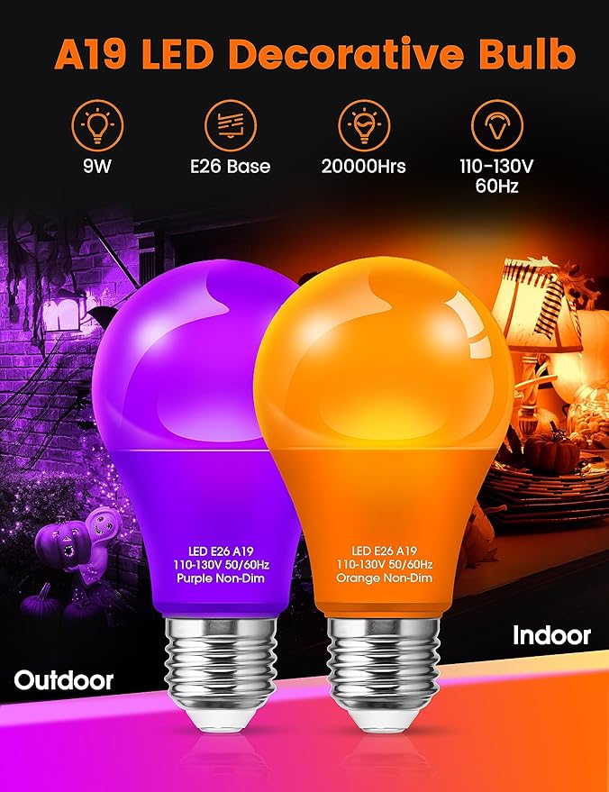 Orange Light Bulbs Purple Light Bulbs [4 Pack] - A19 LED Orange Bulb Purple Bulb 9W (60W Equivalent) - E26 Base Outdoor for Halloween Party Porch Holiday Decor