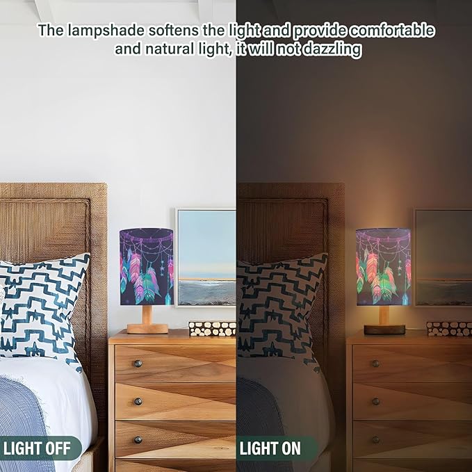 Table Lamp Dream Catcher Native American Indian Blue Blur Dot Dreamcatcher Nightstand Lamp with Wood Base Fabric Lamp Shade Bedside Desk Lamp for Living Room Bedroom Kids Room Office