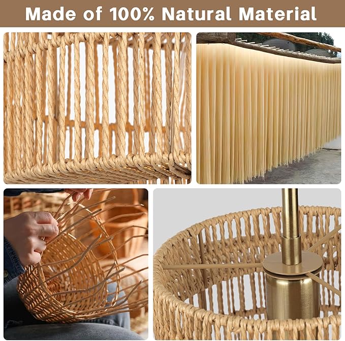 13" Boho Rattan Pendant Light Fixture, Hand Woven Wicker Hanging Lamp with Gold Ceiling Mount, Modern Farmhouse Lighting for Kitchen Island, Dining Room, Bedroom, Living Room, Entryway