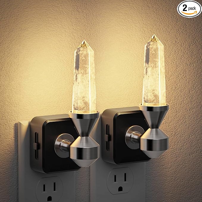 JandCase LED Night Light with Clear Quartz Healing Crystal Tower 2 Pack Dimmable Night Lights Plug into Wall, Warm Light 3000K, Dusk to Dawn Sensor Nightlights for Home Living Room Bedroom Decor