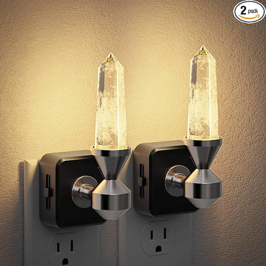 JandCase LED Night Light with Clear Quartz Healing Crystal Tower 2 Pack Dimmable Night Lights Plug into Wall, Warm Light 3000K, Dusk to Dawn Sensor Nightlights for Home Living Room Bedroom Decor