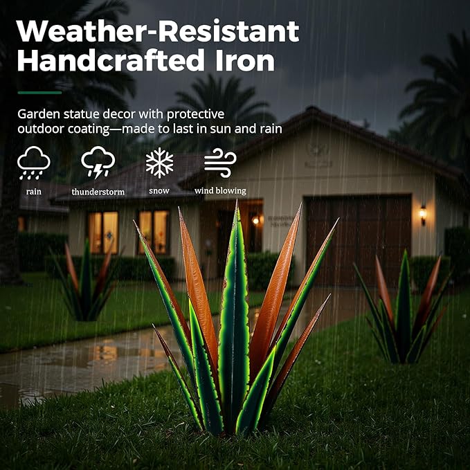 24” Large Metal Agave Plants Outdoor Decor, Vintage Green Tequila Rustic Sculpture Outdoor Statues, Agave Metal Plants for Yard Garden Lawn Ornaments，Artisan Metal Agave Landscape Decor