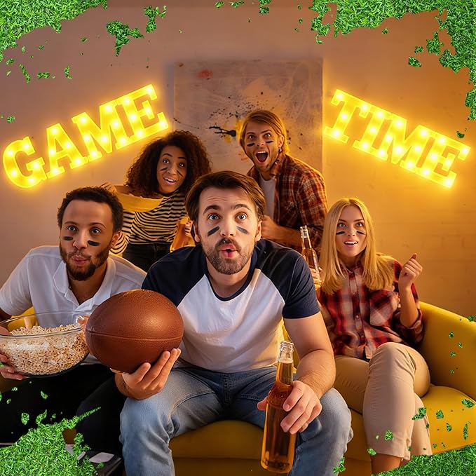 8 Pcs Football Game Time Large LED Letter Sign LED Lights Battery Powered Game Time Table Decorations for Football Theme Party Decoration