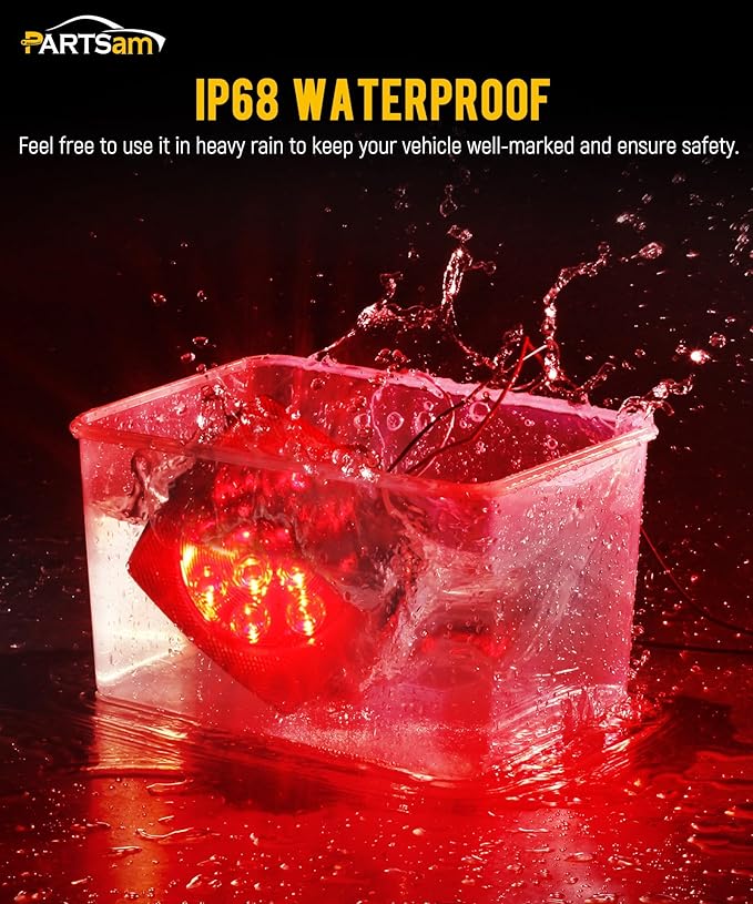 Partsam 12V Submersible Square Led Trailer Lights, Red White LED Stop Turn Tail License Side Marker Running Light Lamp for Trailers Under 80" Boat Trailer Truck, IP68, Red Clear Lens