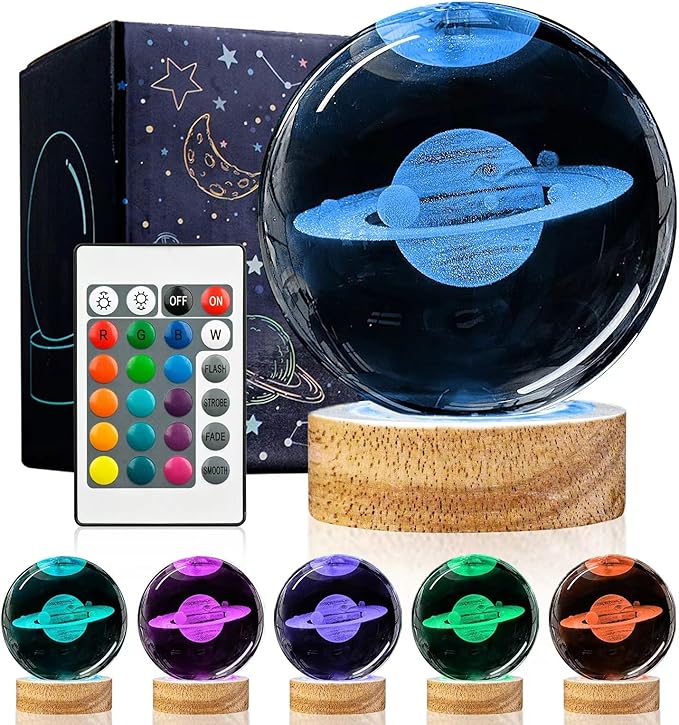 3D Saturn Crystal Ball Night Light Upgraded 3.15 in Saturn Planet Glass Sphere Lamps with 16 Color for Birthday Holiday, Cool Saturn Galaxy Home Desk Decor Gifts for Teens Boys and Girls
