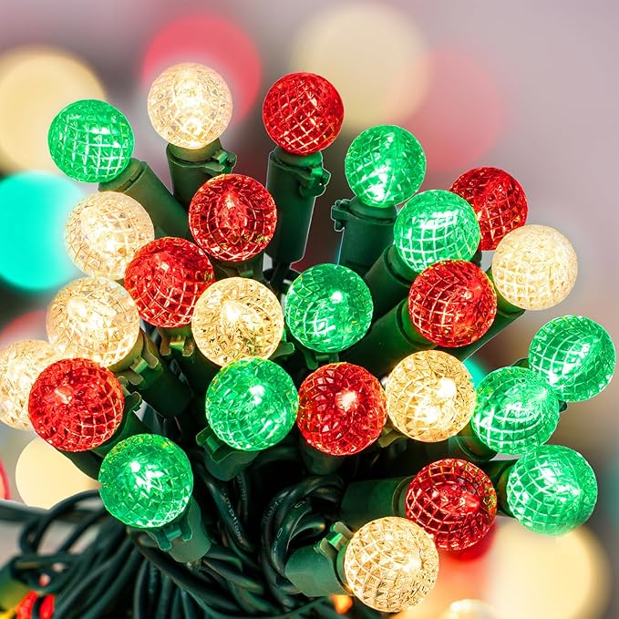 BOHON Red White and Green Christmas Lights Outdoor Faceted G15 50 LED 17ft Plug in Mini Globe String Lights Warm Waterproof Extendable Green Wire for Indoor Patio Xmas Thanksgiving Tree Decoration
