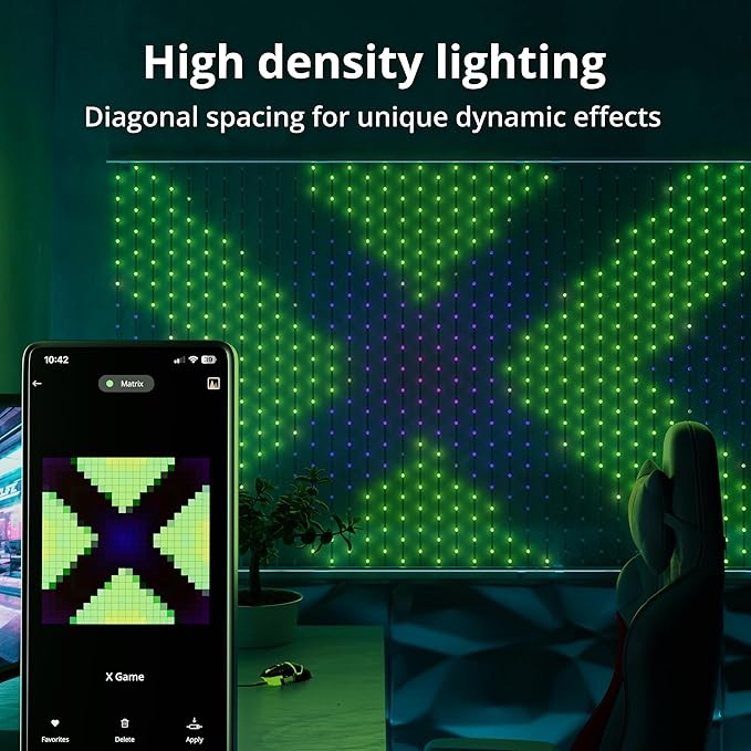Twinkly Matrix 3.28x3.28ft RGB, High Density 480 LED Curtain, Smart Multicolor Gaming LED Lights, Compatible with Razer Chroma, Omen, Alexa, Google Home, Gaming Lights, App Mapping, Transparent Wire