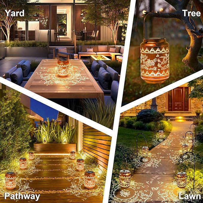 Solar Lanterns Outdoor Bee Metal Waterproof Garden Decor Christmas Birthday Gifts for Women Mom Grandma Decorative LED Hanging Solar Lights Outside for Yard, Patio,Backyard,Landscape