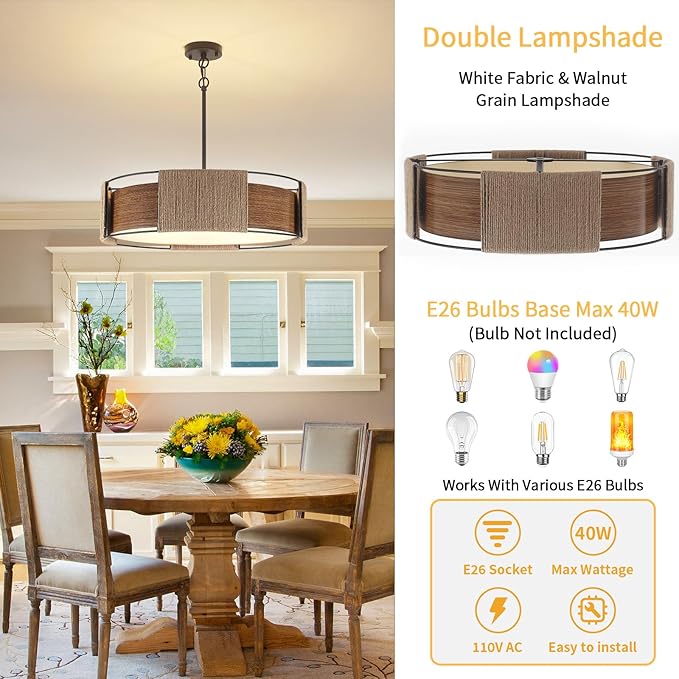 4-Light Rattan Chandelier, 23.62'' Dual-Layer Shade Light Rustic Rattan and Metal Wood Grain Round Pendant Kitchen Island Lighting Hanging Drum Chandeliers for Dining Room Foyer Bedroom Living Room