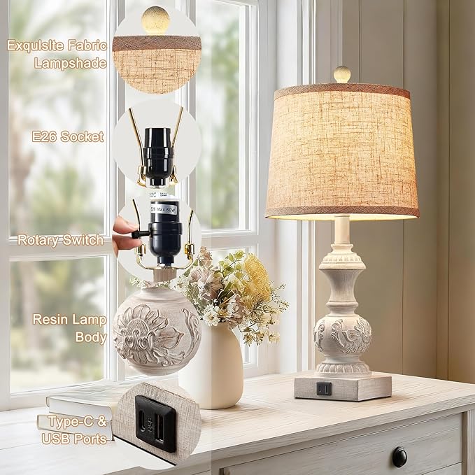 23.5" Set of 2 Farmhouse Table Lamps for Bedroom Bedside Lamp with USB A+C Ports Vintage Nightstand Lamps Antique Carved Floral Side Table Lamp for Living Room Office, White, Bulb Not Include