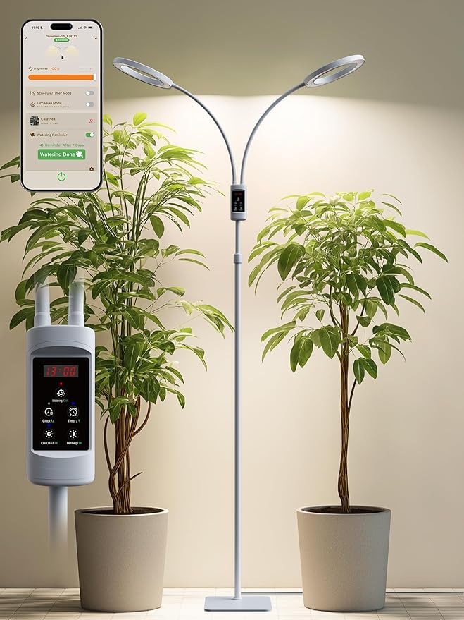 Smart Grow Lights for Indoor Plants, Plant Light with Auto-Timer, Full Spectrum LED Grow Light, Adjustable Height & Stepless Dimming,Plant Assistant Suitable for Most Plants (White, 48W)