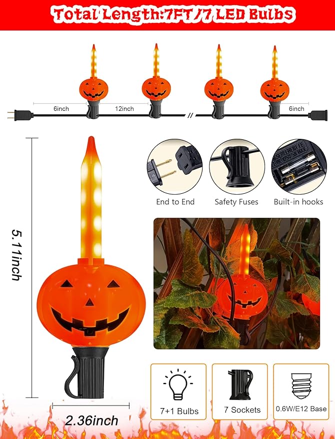 7.5FT Halloween Pumpkin Bubble String Lights Outdoor, 8 LED Jack O' Lantern Bubble Lights, Plug-in Halloween Decorative Lights Waterproof for Yard Porch Garden Pathway Party Christmas Tree Decor