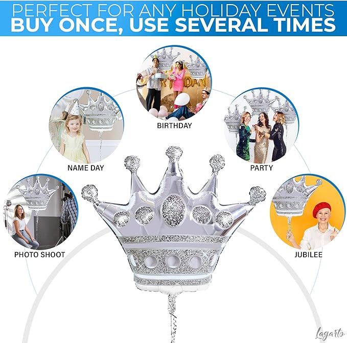 3Pcs Silver Crown Balloons – Extra Large 39" Foil Silver Balloons Set, Reusable Self-Sealing Design, Durable & Easy to Inflate – Centerpiece for Parties, Photo Backdrops & Princess Theme Decorations