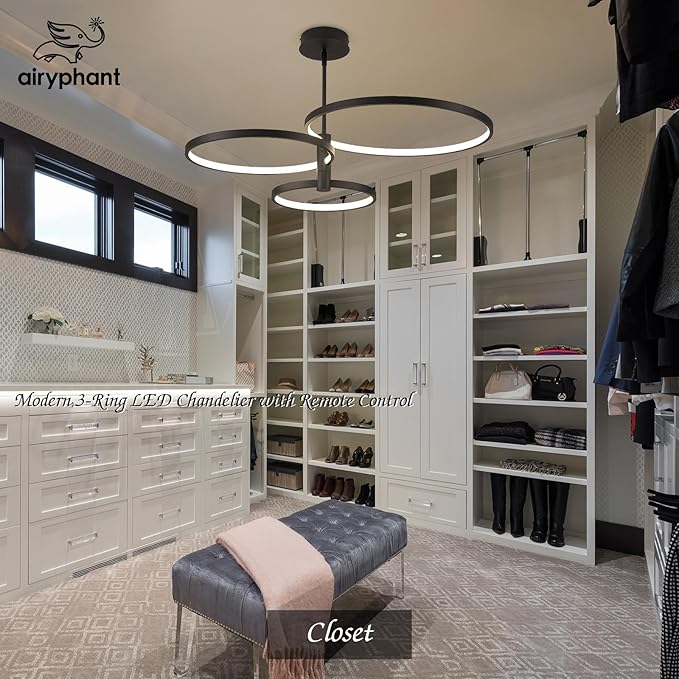 Modern LED Chandelier, 3-Ring Black Chandeliers for Dining Room Contemporary Flush Mount Chandelier Light Pendant Light Fixture for Kitchen Island Closet Living Room Bedroom