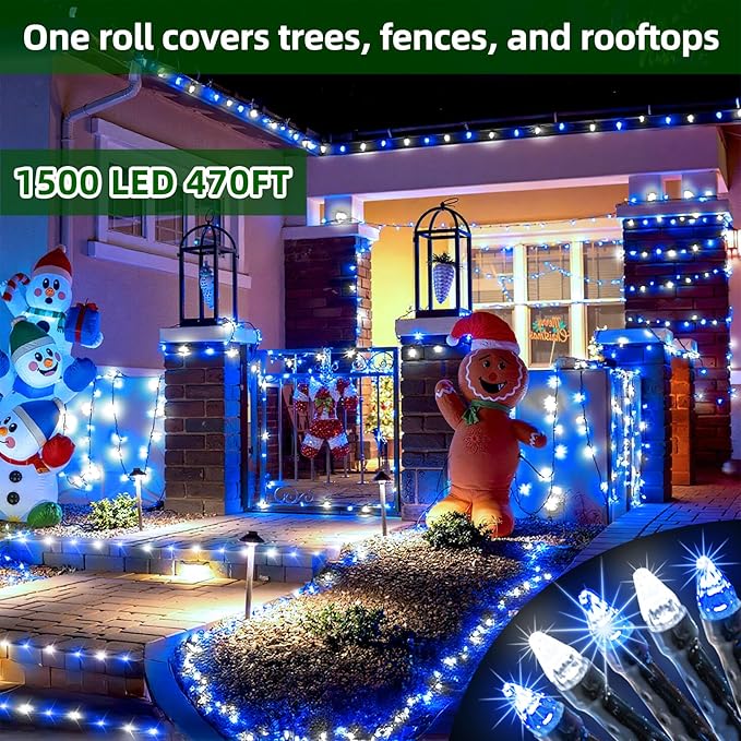 1500 LED 470FT Christmas Lights Outdoor,12 Lighting Modes Christmas String Lights with Timer, Dimmable Blue Cool White LED StringLights Waterproof for Yard Wedding Party Holiday Decor Blue&CoolWhite