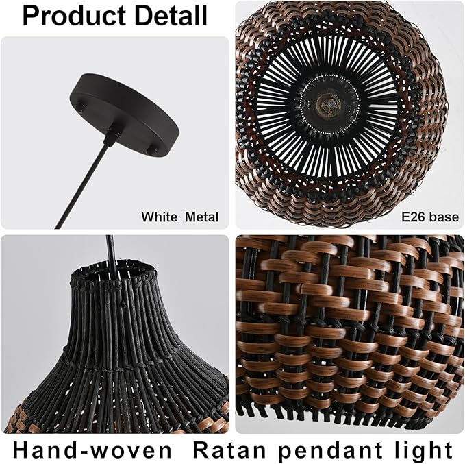 3-Pack Rattan Pendant Light,11" Hand-Woven Black Brown Faux Rattan Hanging Light Boho Wicker Basket Chandelier,for Living Room Bedroom Kitchen Dining Farmhouse