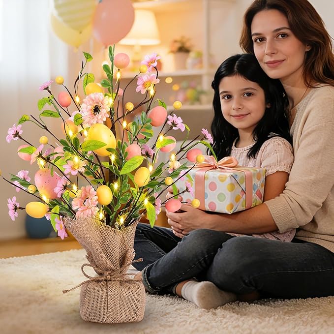 Easter Decorations, Pre-Lit Easter Egg Tree Tabletop Decor with Delicate Ornaments, for Home Easters Party Wedding Holiday Spring Summer Kitchen Dining Table Decor (Pink)