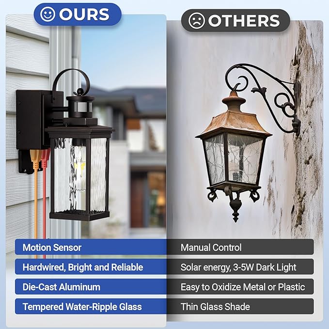 Exterior Lighting Fixtures Wall Mount for Garage with GFCI Outlet, Oil Rubbed Bronze Gold Trim Farmhouse Motion Sensor Porch Lights Outdoor, Outside Sconces for House with Water-Ripple Glass