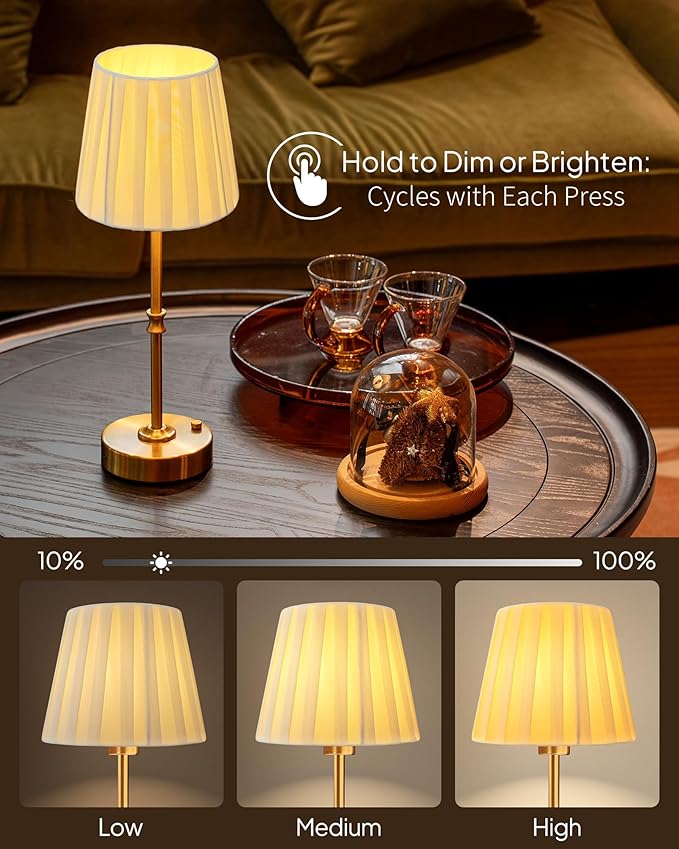 EppieBasic Cordless Table Lamp Rechargeable: Fast Charging & Long Lasting - 2700K Warm Light Vintage Gold Lamps - Dinning Living Room Bedroom - Pleated Shade - 2 Pack