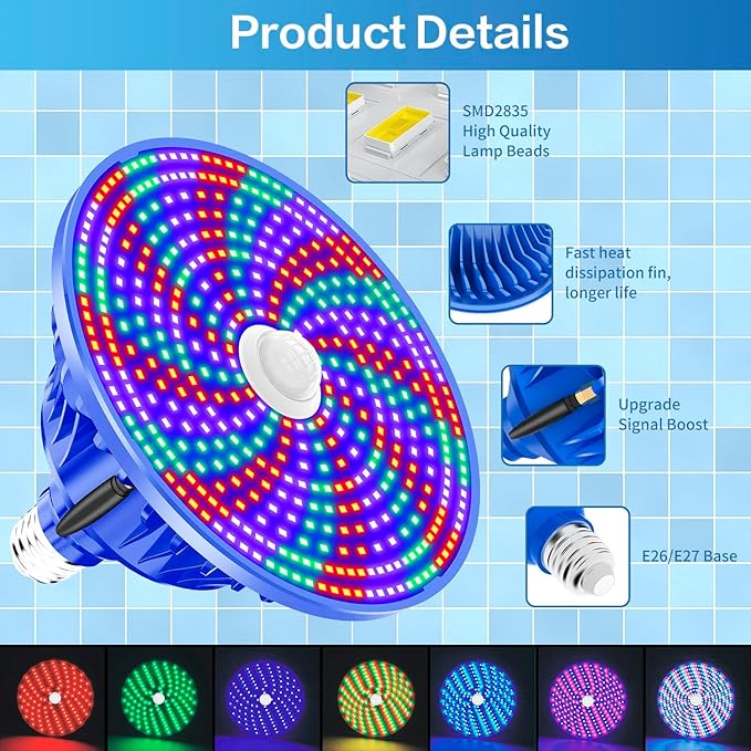 CEDIO Led Pool Lights for Inground Pool, 65W RGB Color Pool Lights Bulb with Remote Control, Pool Light Bulb for Inground Pool, E27 Replacement for Pool Light Fixture (Blue)