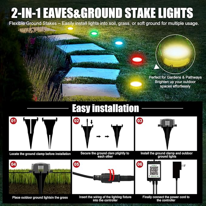 150 FT Permanent Outdoor Lights, Waterproof 2-in-1 Eaves & Ground Stakes LED String Lights with App/Remote Control for House, Garden– Smart Color-Changing Lighting for Halloween Christmas Decorations