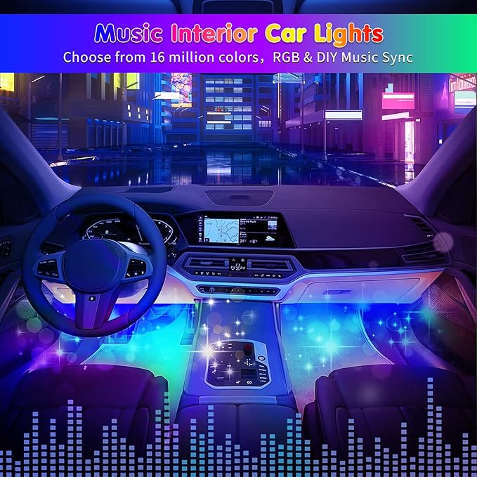 RGB 72 LED Interior Car Strip Lights with Smart APP Control, 2 Lines Design Music Sync Under Dash Footwell Neon Internal Lighting,12V LED Strip Lights for Cars, Trucks, SUVs with Car Charger(1 Set)