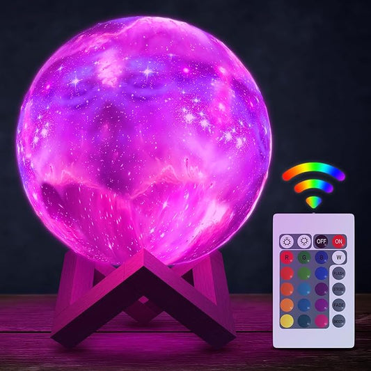 LED Galaxy Lamp 5.9" - 16 Colors, 4 Modes Mesmerizing 3D Moon Lamp with Touch & Remote Control, Wooden Stand, USB Charging - Printed Moon Night Light with Realistic Design | Party in The Dark Decor
