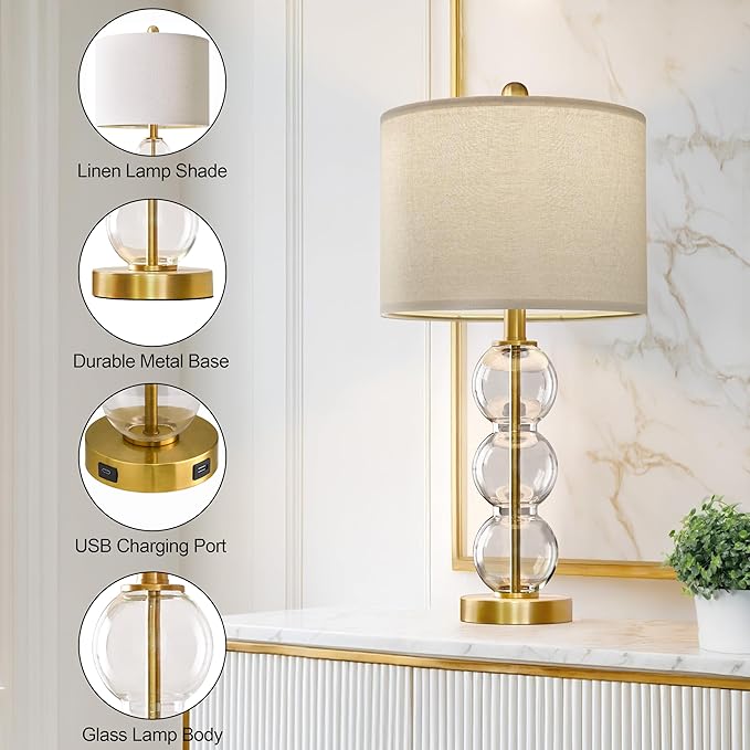 Oneach 24" Glass Table Lamps Set of 2, Gold Modern Table Lamps with USB Ports for Living Room, Linen Shade Bedside Lamps for Bedroom, Nightstand, Side Table (Bulbs not Included)