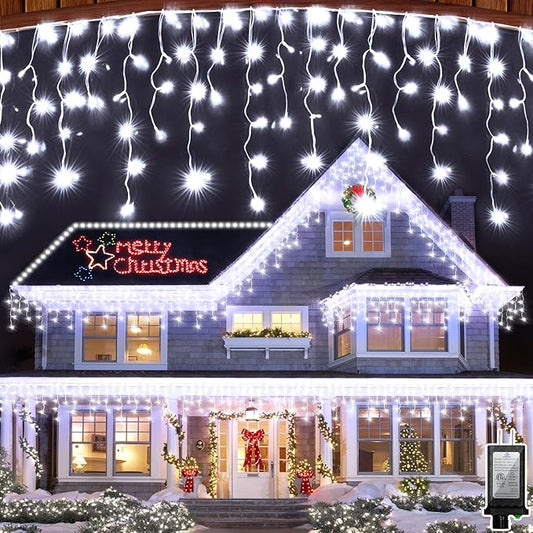 82ft 792 LED 176 Drops Christmas Lights, Outdoor Hanging lights with 8 Modes and Timer Memory, Plug In Outside Waterproof Curtain String Lights for House Fence Tree Holiday Decorations (Cool White)