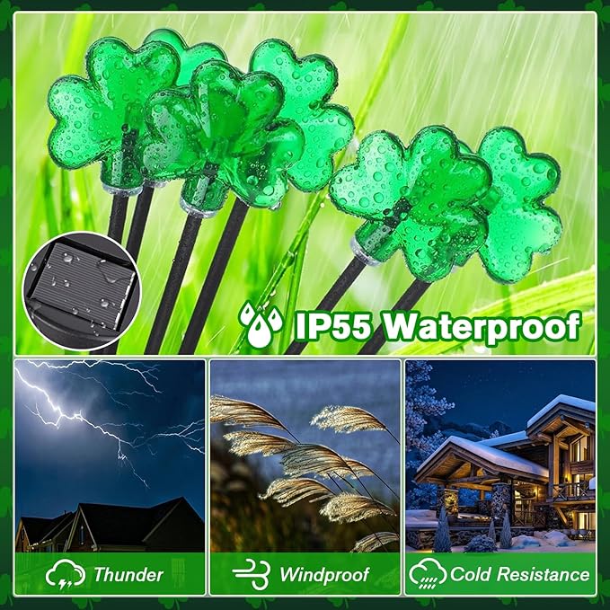 St. Patrick's Day Shamrock Pathway Lights, 8 in 1 Lucky Clover Light with 2 Lighting Modes, Green Firefly Outdoor Decor Solar Powered Swaying Lights Decor for Lawn Yard Garden (Green - Shamrock)