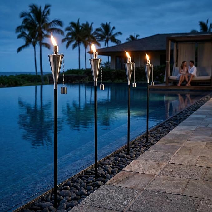 FAB BASED 4Pack Oil Torch Lamp Torch, Citronella Torches Outdoor Mosquito,Backyard Torches for Outside/Patio/Lawn/Garden/Outdoor,Silver
