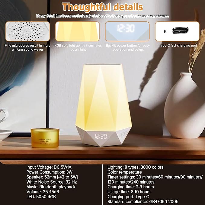 Sleep Sound Machines，White Noise Machine for Baby Sleeping with Night Light, Portable Sound Machine with 32 Soothing Sounds, 8 Night Light Colors, Timer, App Remote Control, Personal Sleep Routine