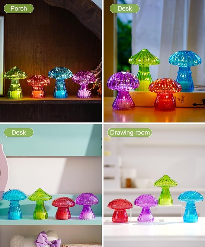 Nacome Glass Mushroom Table Lamp: Set of 4 Colored Small Cute LED Night Light Home Decor for Bedroom Desk - Birthday Gifts for Women