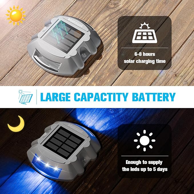 VOLISUN Solar Deck Lights Driveway Dock Lights, 4-Pack Led IP68 Waterproof Outdoor Warning Step Light for Driveway Sidewalk Garden Pathway Yard(Blue)