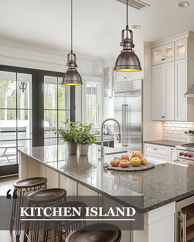 2 Pack Pendant Lights Kitchen Island, Farmhouse Hanging Lights Fixtures with Metal Shade, Rustic Kitchen Pendant Lighting Over Island for Dining Room, Oil Rubbed Bronze, AD-2151-1P2-ORB