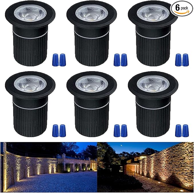 5W Aluminum In Ground Lights with Protecting Shell, Warm White Φ65mm Low Voltage 12-24V AC/DC 18AWG Wired IP67 Waterproof, Electric Recessed LED Outdoor Landscape Well Lighting, 6 Pack Black