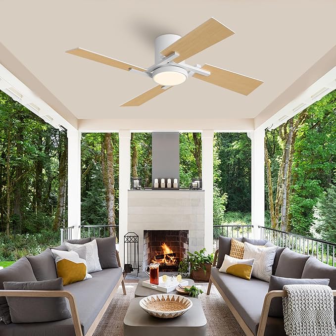 WINGBO 48" Flush Mount Ceiling Fan with Light - 4 Plywood Blades, 6-Speed Reversible DC Motor, Dimmable, 3CCT, Noiseless Low Profile Ceiling Fans and Light for Bedroom Living Room, White and Oak/White