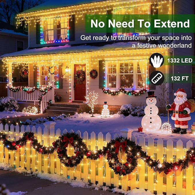 1332 LED Christmas Lights with 296 Drops,132ft 12 Modes Hanging ice String Lights with Timer & Dimmable & Waterproof, Plug-in Fairy Lights for Tree Holiday Wedding Party Christmas Decor Warm White