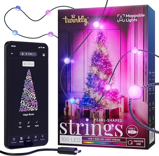 Twinkly Strings USB-C Pearl-Shaped Light String with 100 RGB LEDs. 20 Feet. Green Wire. App-Controlled. USB-C-Powered. Indoor Smart Home Lighting Decoration
