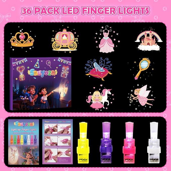 36 Pcs Princess Party Favors LED Finger Lights for Grils, Glow in the Dark Birthday Party Supplies, Goodie Bag Stuffers Classroom Treasure Box Prizes