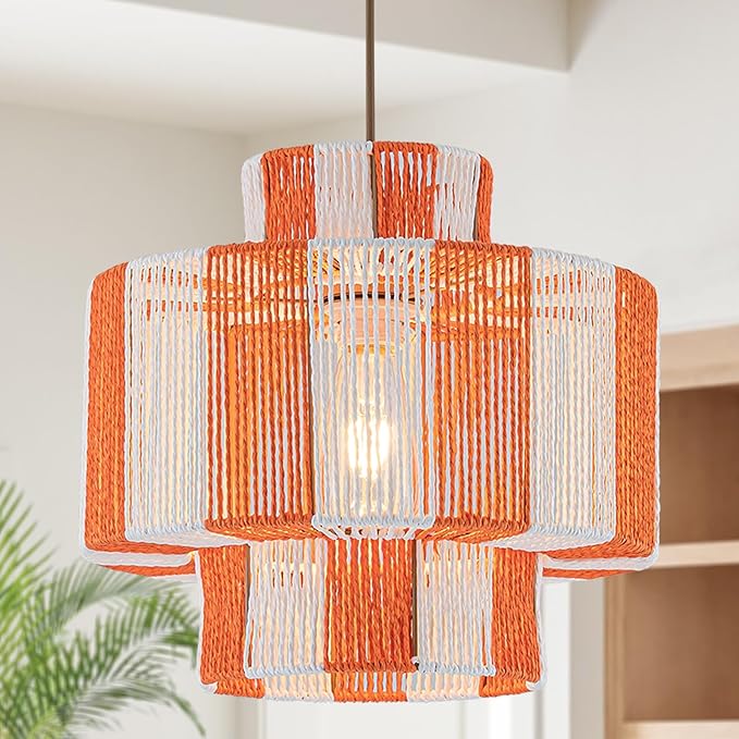 Rattan Pendant Light Fixture,Boho Light Chandelier for Dinning Room,13.3'‘ Woven Hanging Light Boho Pendant Lights 3-Tier Basket Light for Kitchen Island Hallway Nursery Bedroom