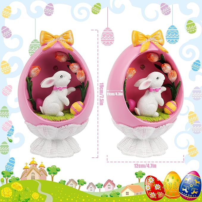 Pink Easter Bunny Figurine with LED, Resin Rabbit Figurines Easter Bunny Statue Spring Rabbit Desktop Decoration for Spring Home Room Party Decoration