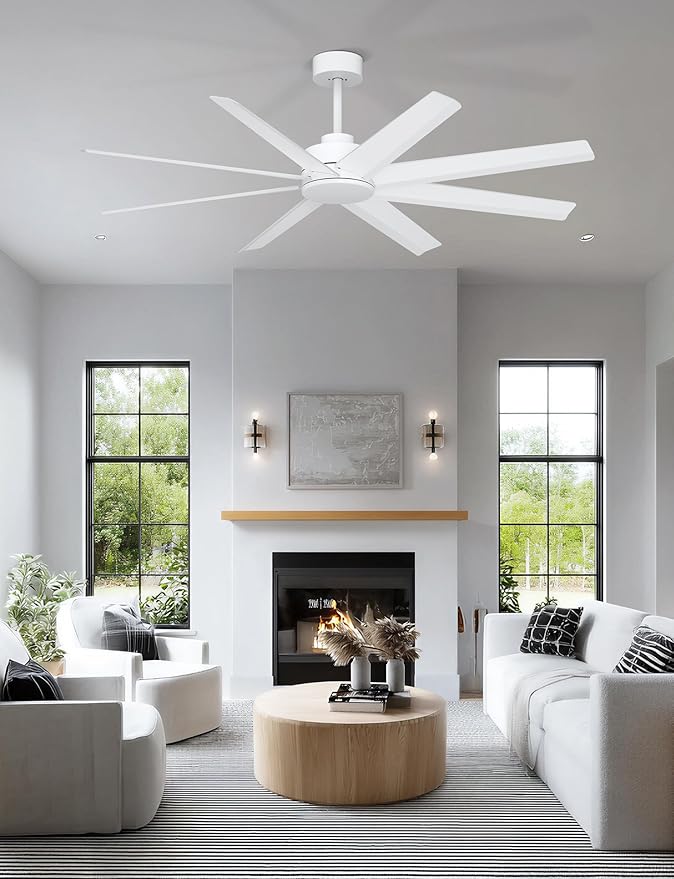 Ohniyou 60'' Ceiling Fan With No Light - Modern White 8 Blades Ceiling Fan Remote/APP Control, DC Motor Outdoor Fan for Covered Patio, Living Room, Shop, Garage